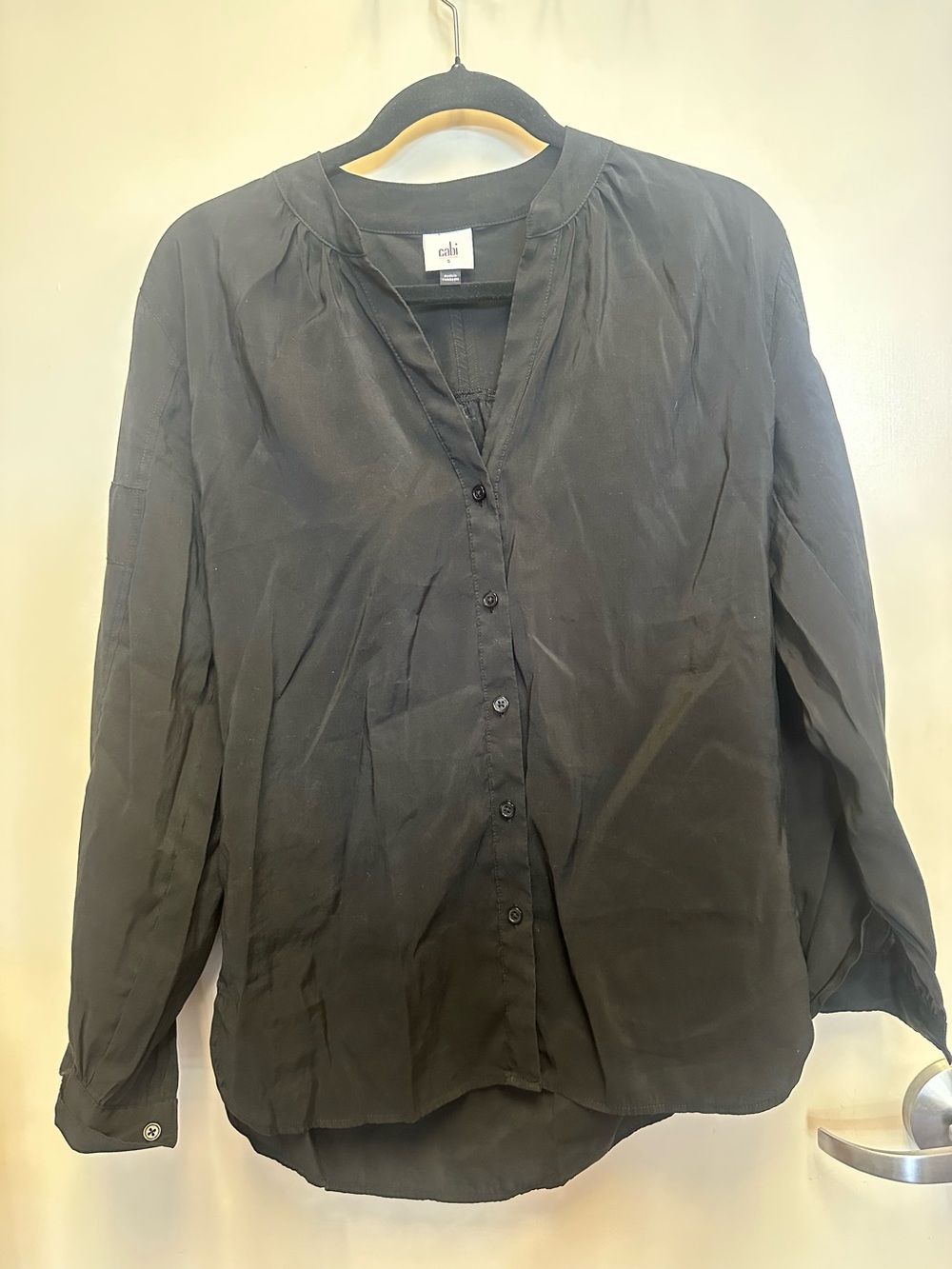 CAbi Black Button-Front Long-Sleeve Blouse with Subtle Stand Collar